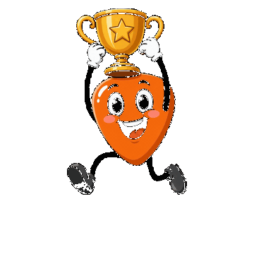 Picky leaping in the air holding a gold star trophy