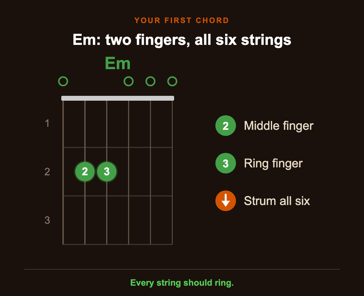 Em: middle finger and ring finger on the 2nd fret, then strum all six strings