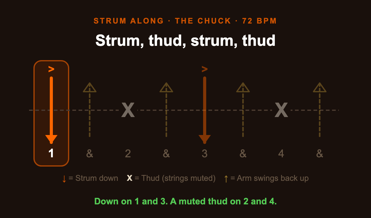 Animated strum-along: a down on 1 and 3, a muted thud on 2 and 4