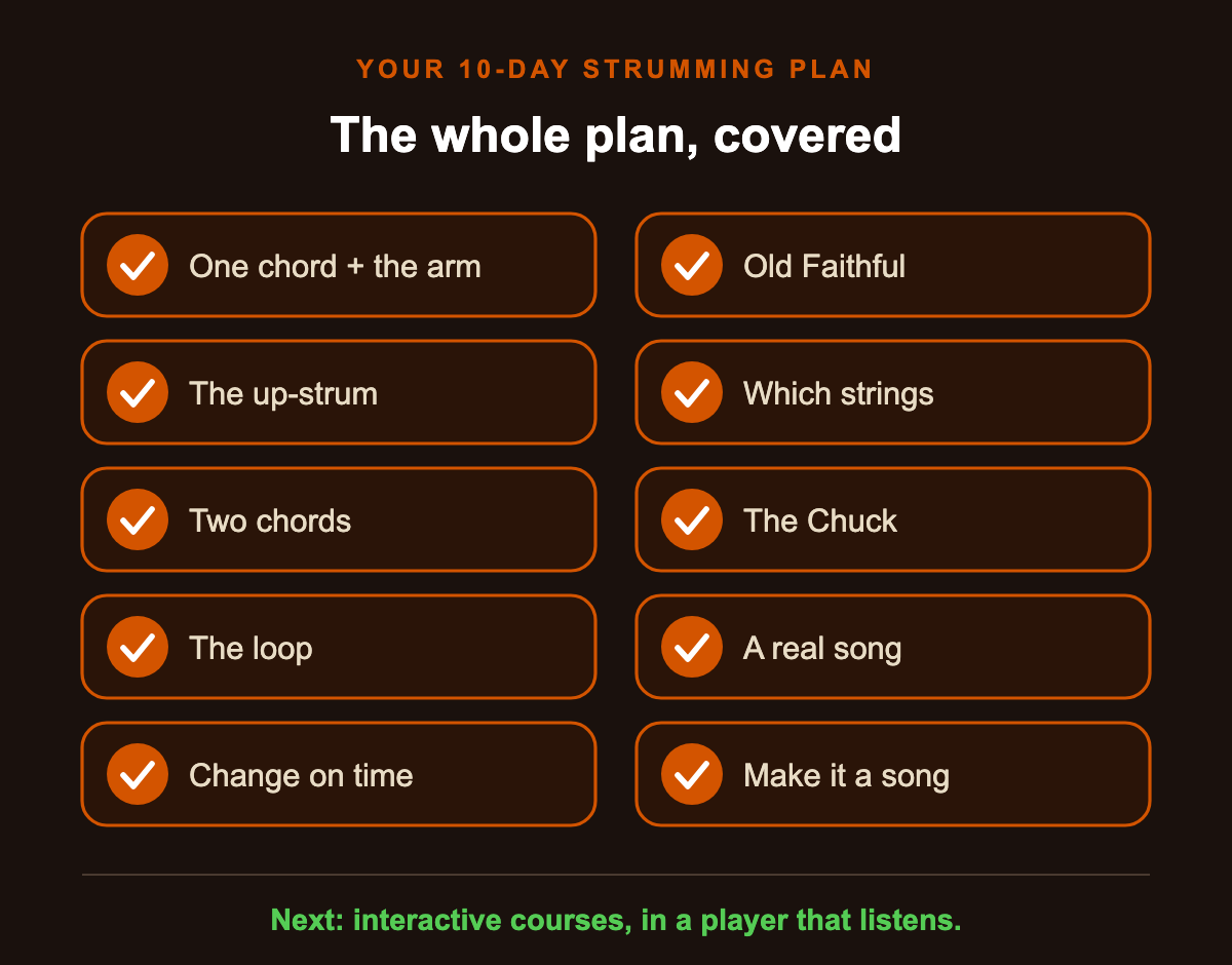 The 10-day strumming plan with every lesson ticked off