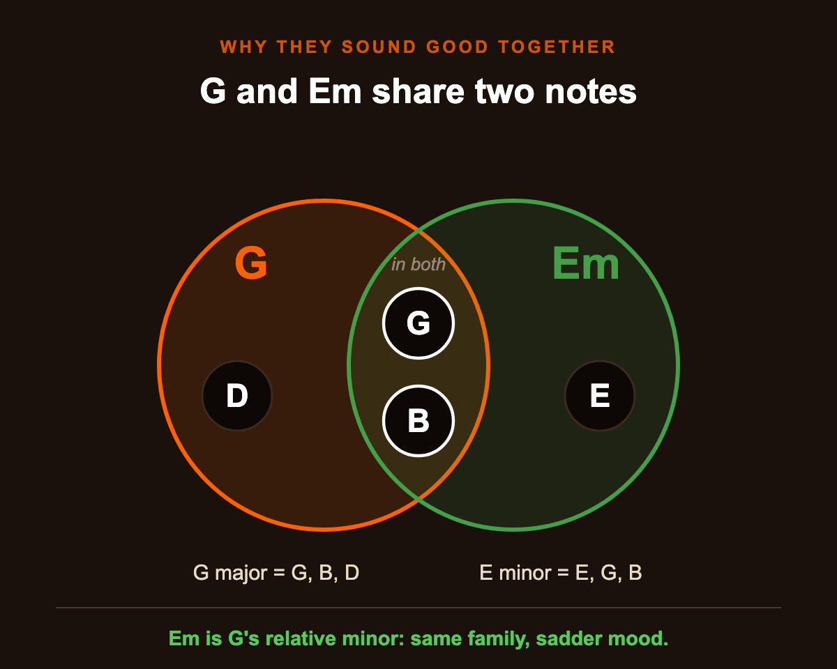 G and Em share two notes, G and B. G major is G, B, D. E minor is E, G, B.