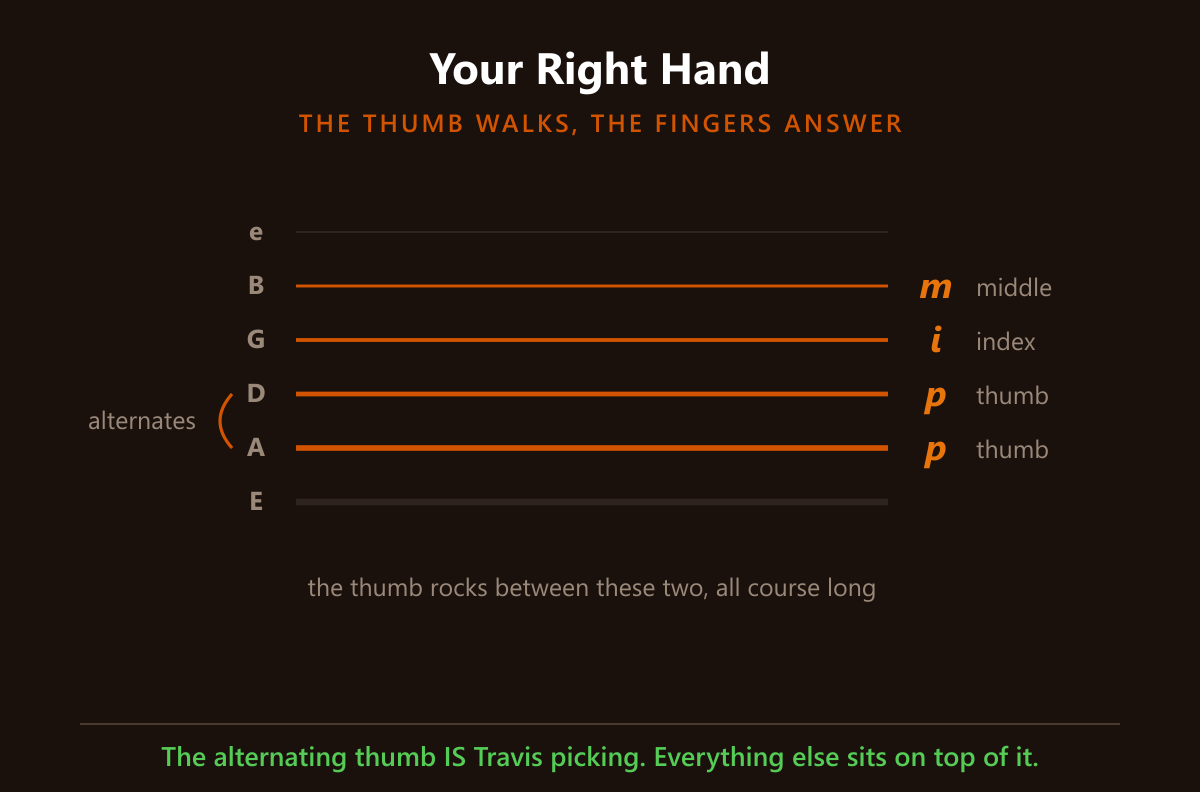 The Travis right hand: thumb alternating on the A and D strings, index on G, middle on B